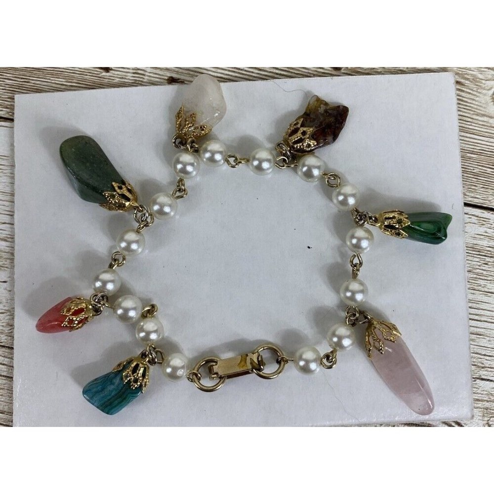 Charm Bracelet Gemstone Nugget Faux Pearl 7” Rose Quartz Amethyst Jade Coral